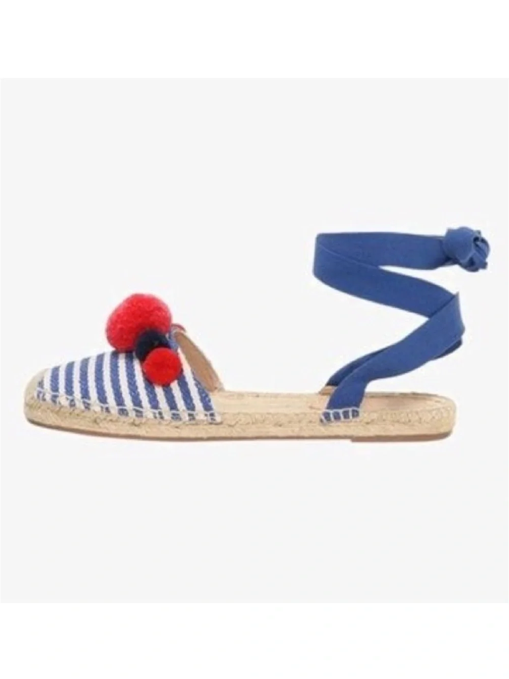 J. CREW Blue White Striped Canvas w/ Pink Pom Pom Ankle Wrap Espadrilles Flats